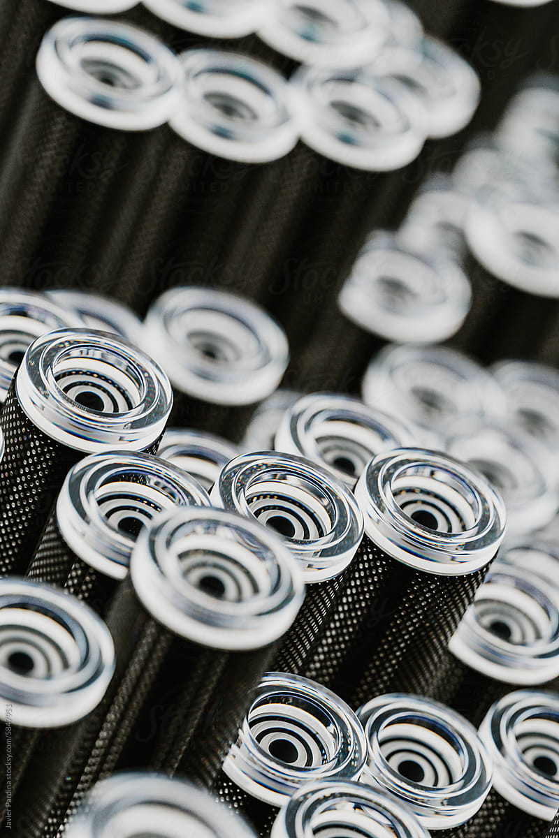 Close-up of Optical fiber cable with black metal
