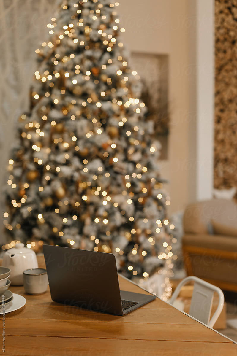 Laptop on dining table on Christmas