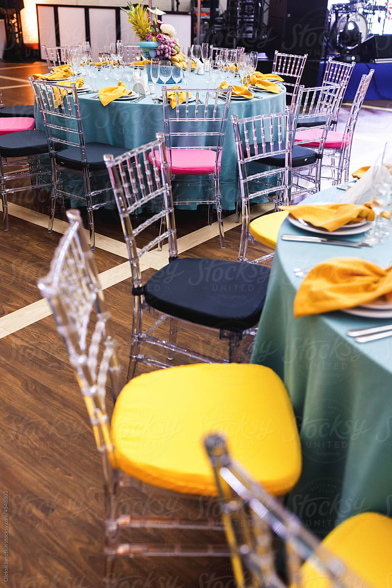 Stylish decorations and furniture in cafeteria during holiday event
