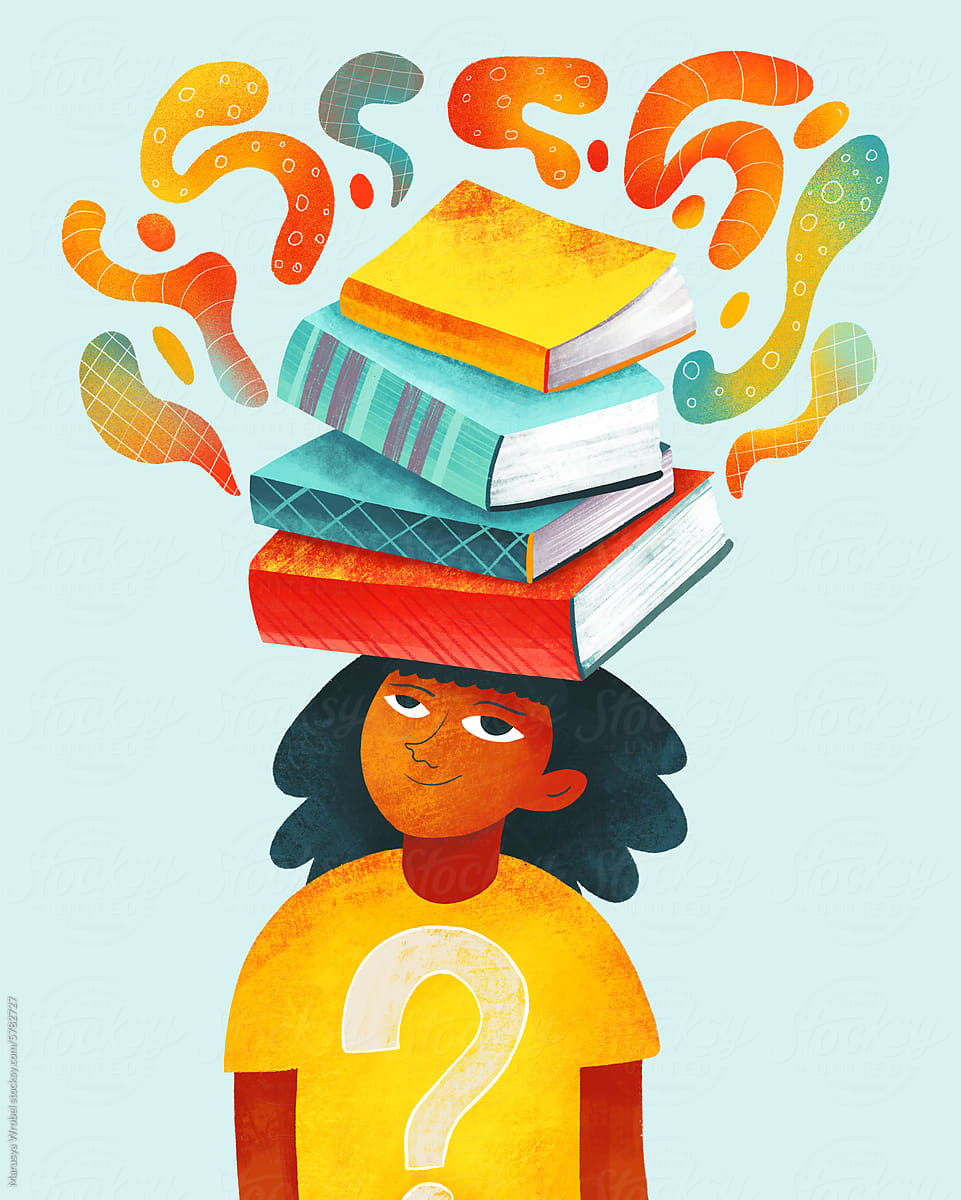 Girl with dark hair holds books on her head