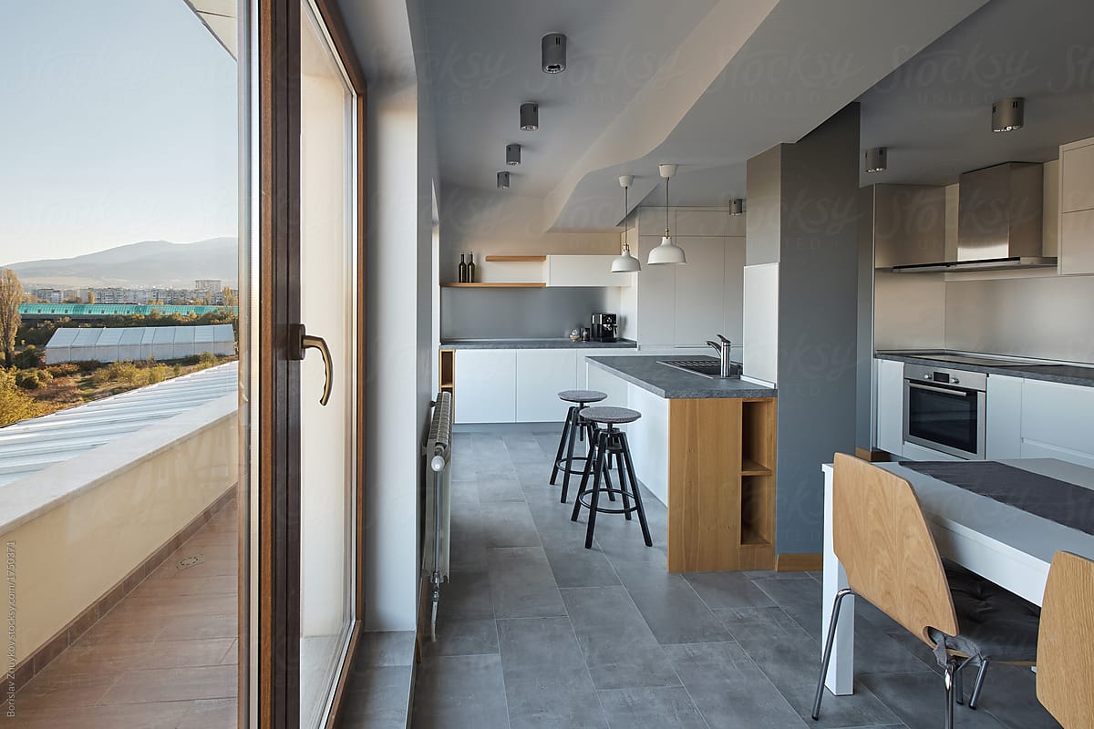 View to contemporary kitchen
