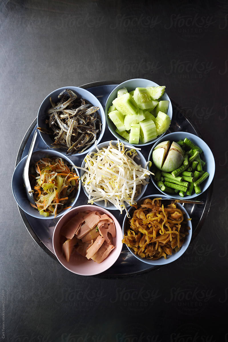 Selection of fresh vegetables and condiments for southern Thai food