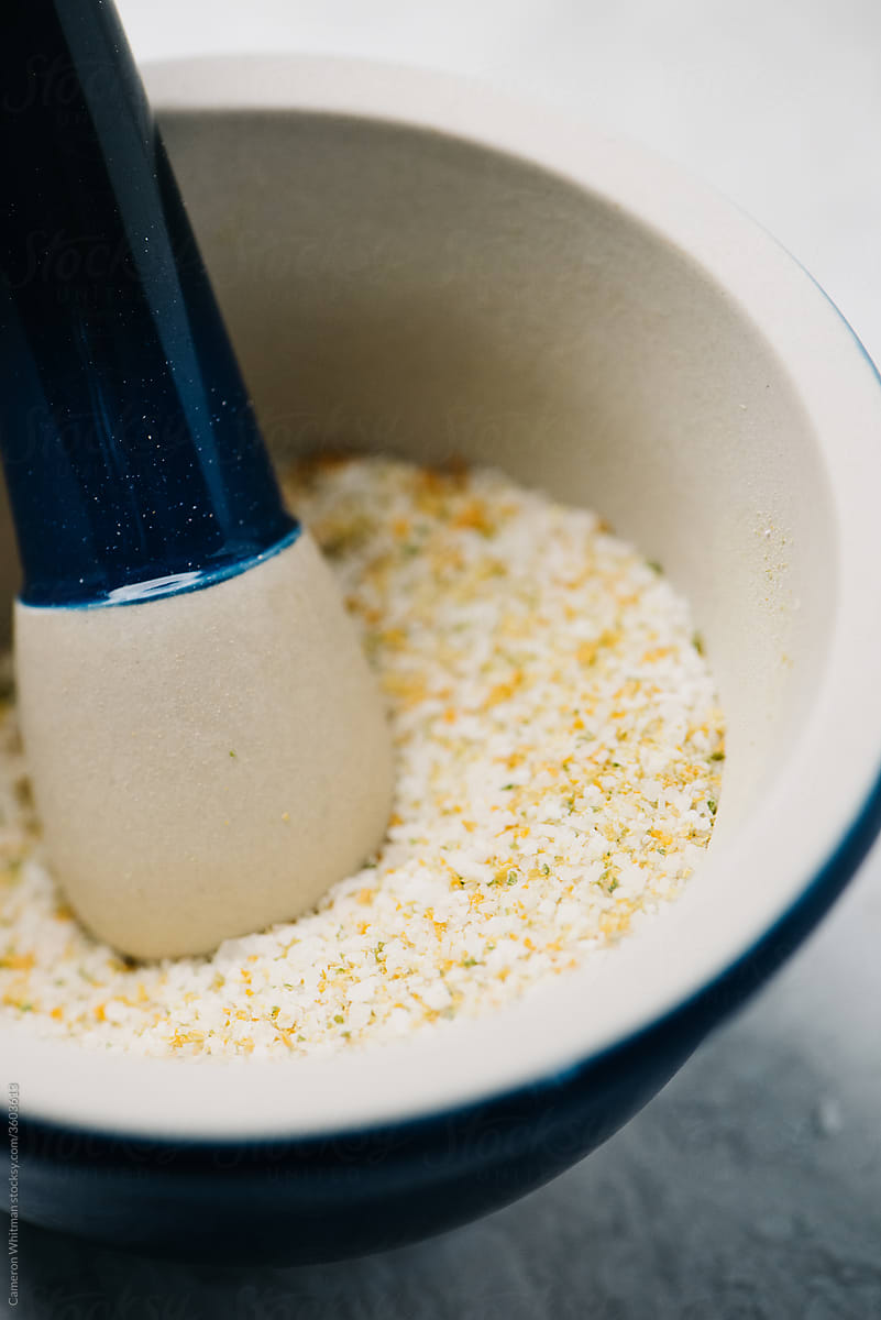 Mortar and Pestle filled with citrus-infused salt