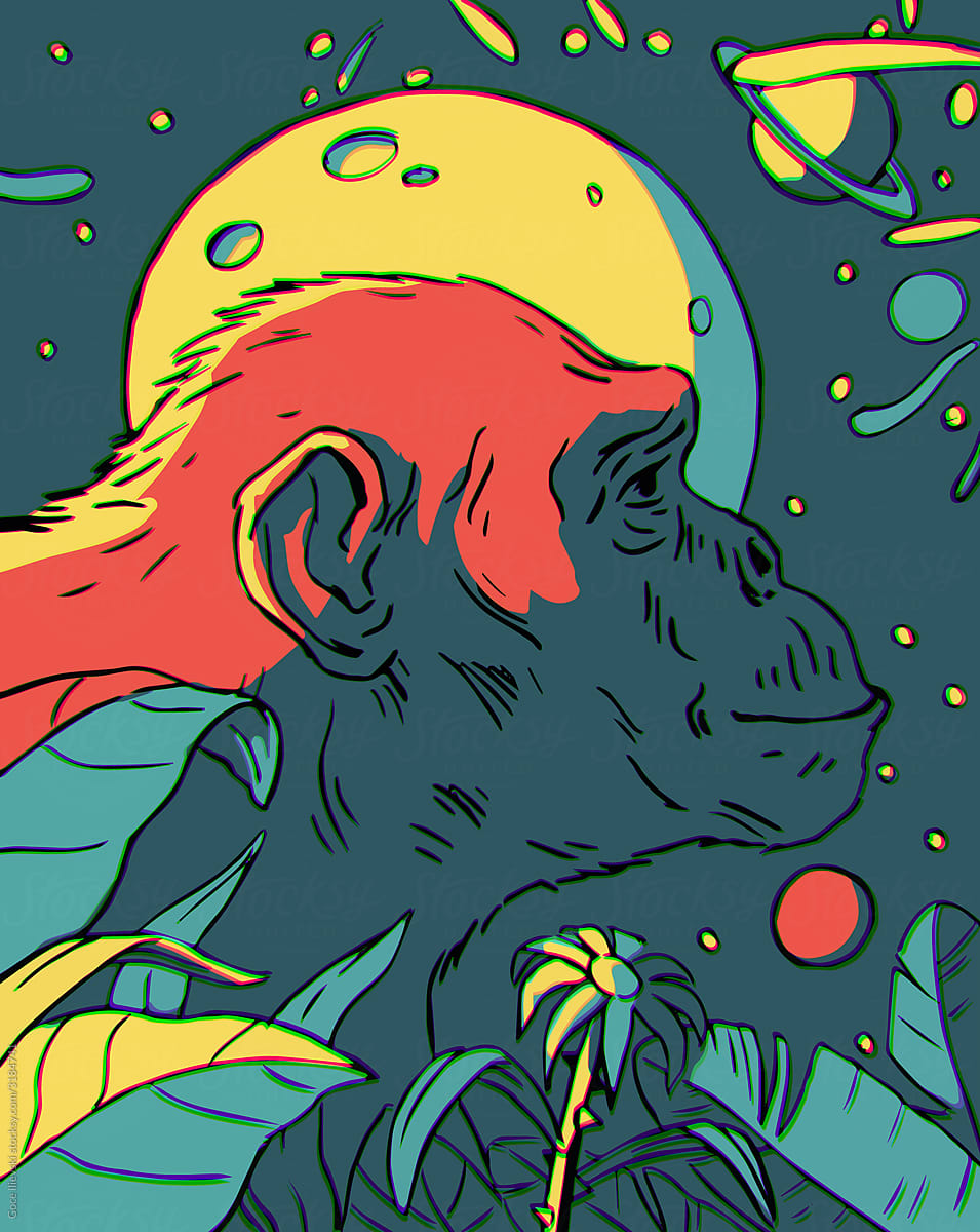 Monkey Ancestor Ape Illustration, Cosmic Landscape, Moon, Saturn and Comets
