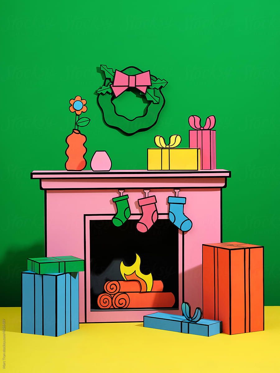 Fireplace with presents and gift boxes Christmas holiday