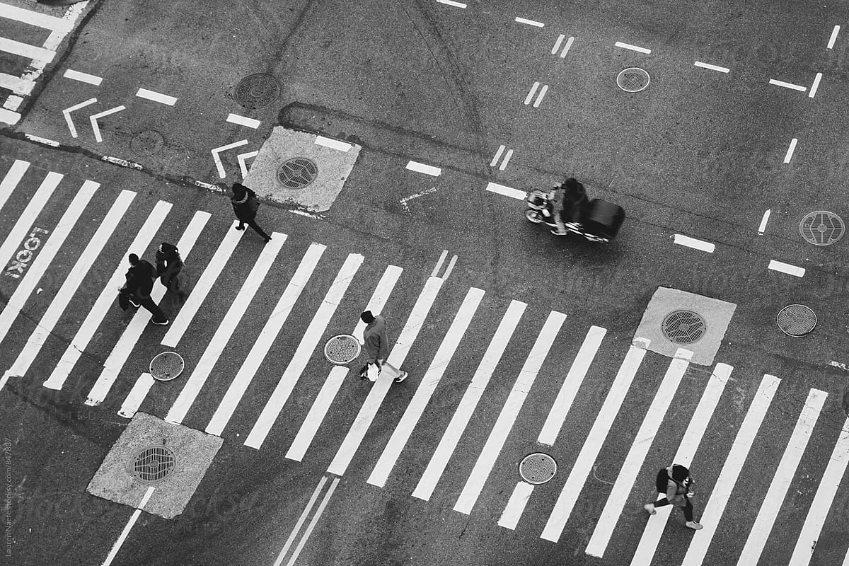 Overhead shot of people walking in the city