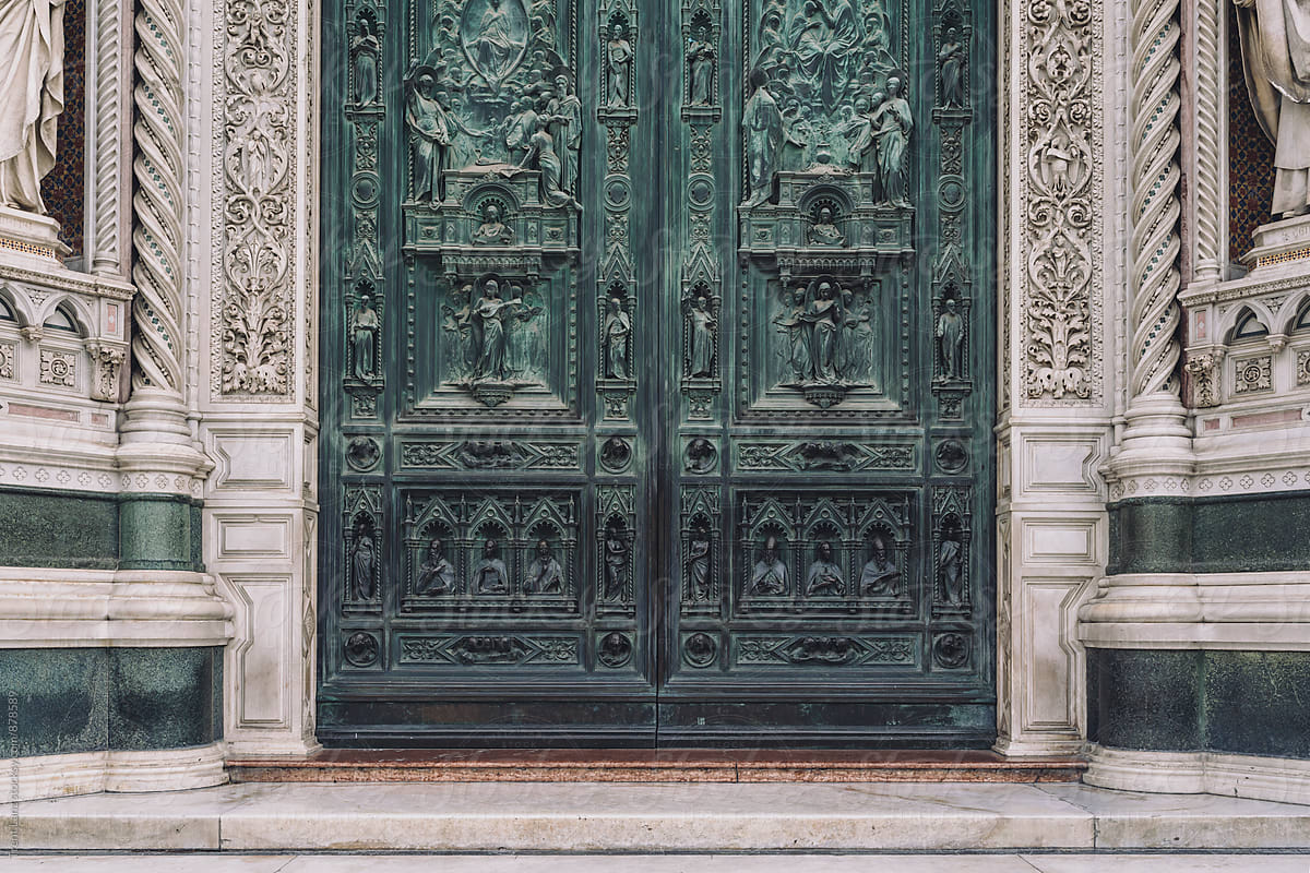 View of beautifully carved sculptures in stone doors