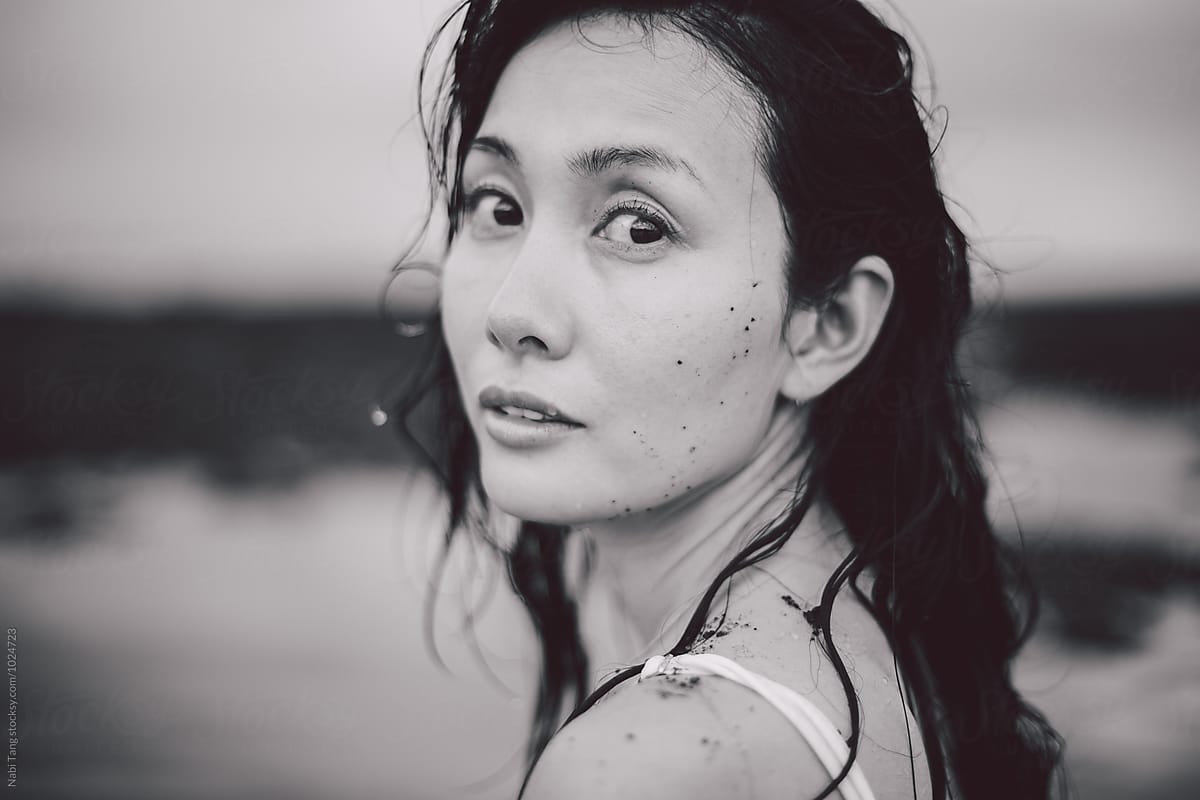Black And White Portrait Of Beautiful Japanese Woman At The Beach In