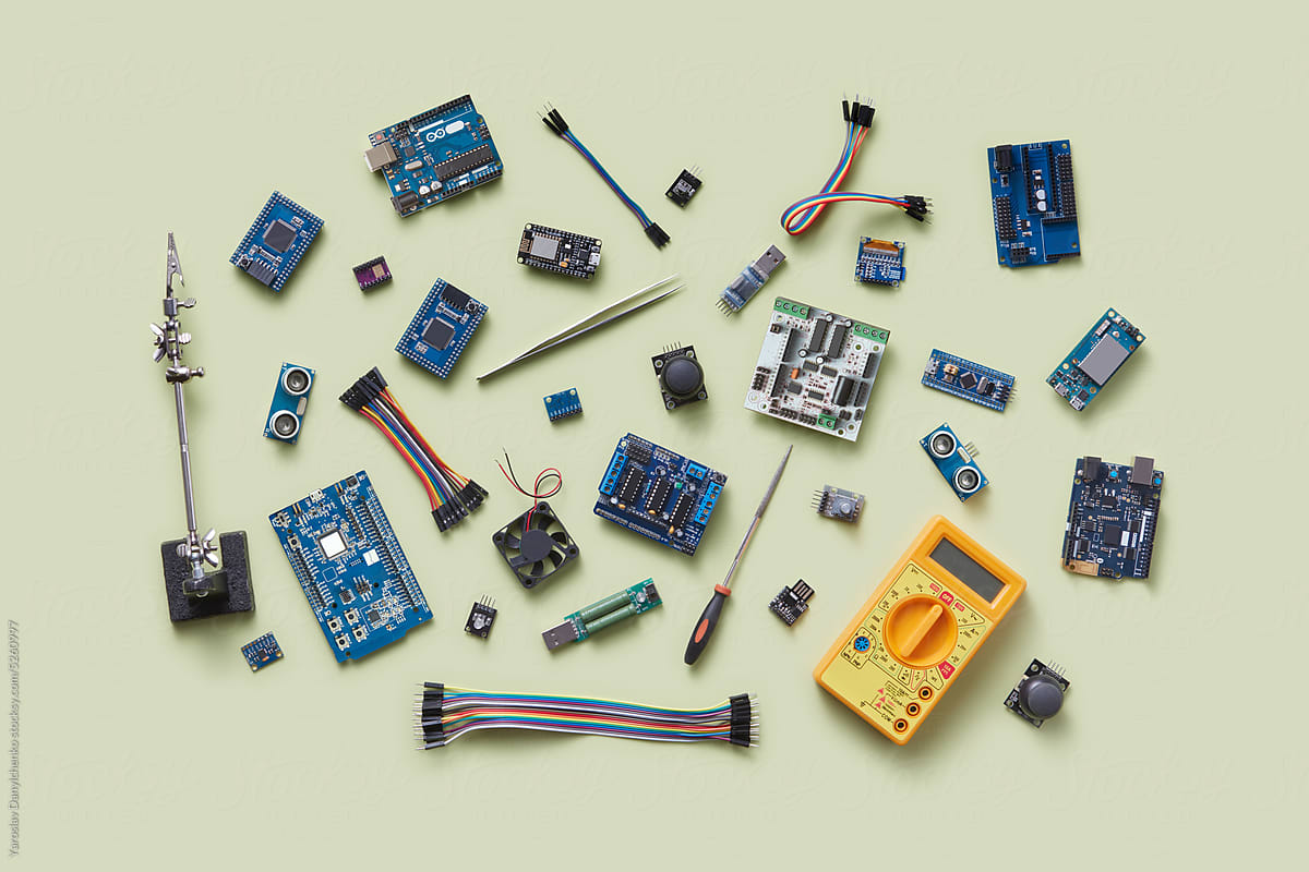 Computer hardware, chips, electronics and wires.