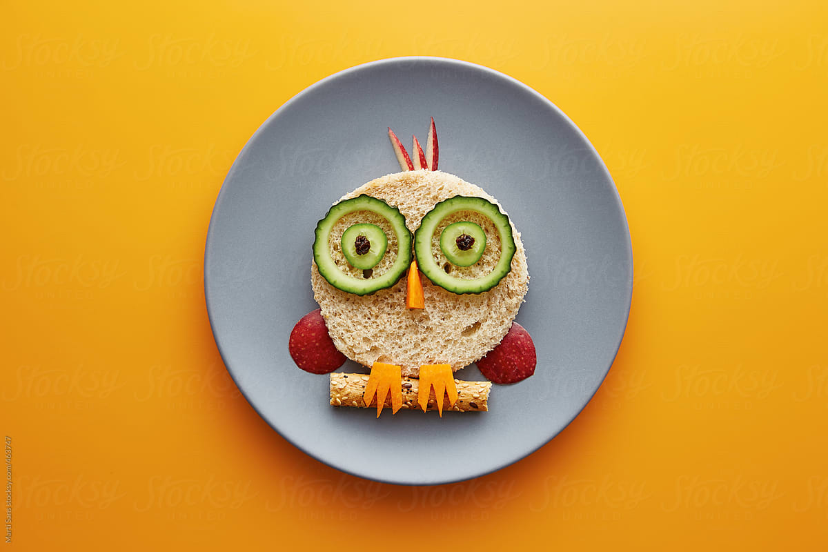 Food for kids - funny owl cucumber and bread