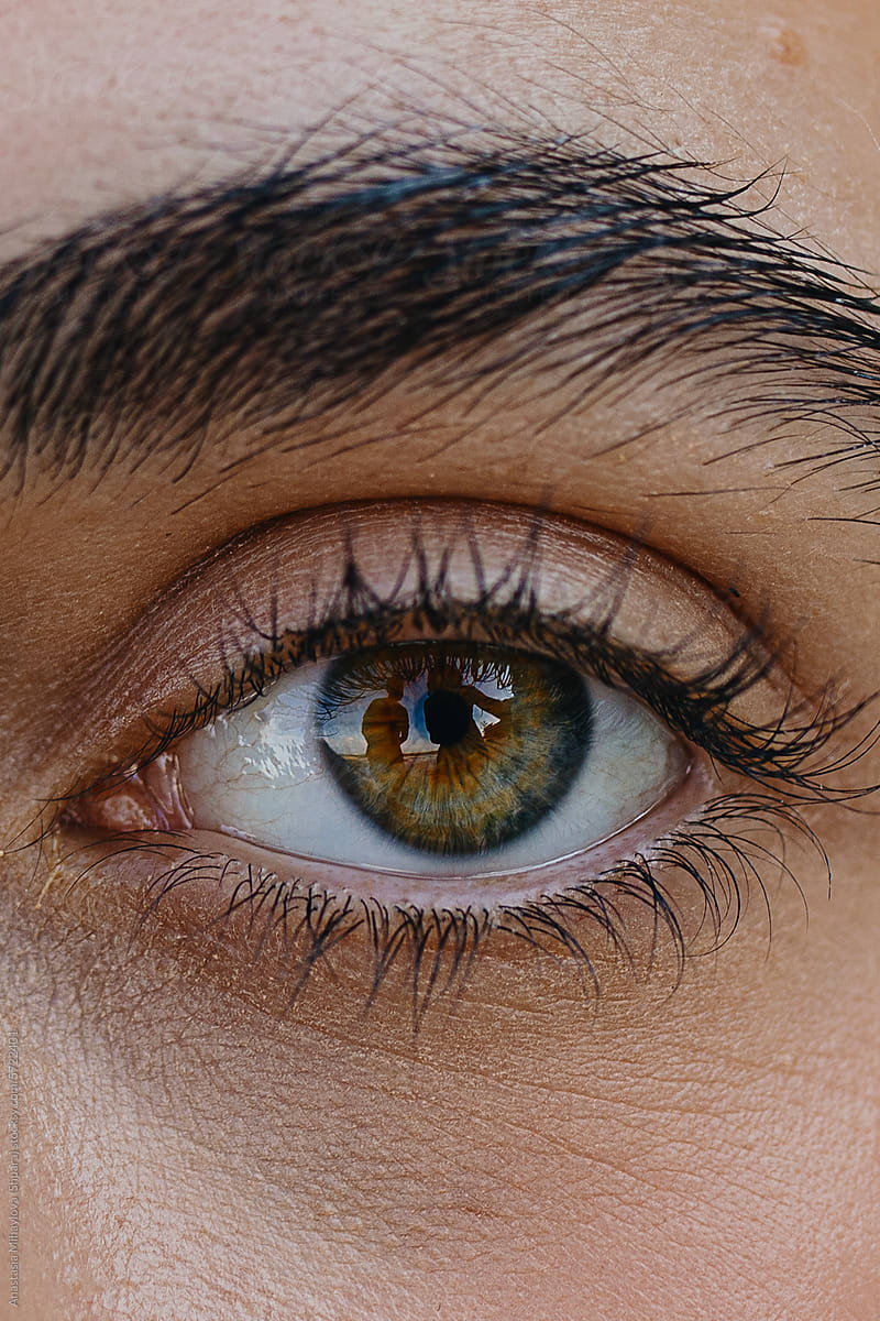 Close Up woman\'s eye with heterochromia and black eyelashes