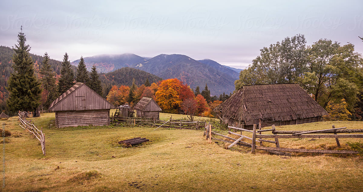 Wooden houses in Carpathian Mountains.