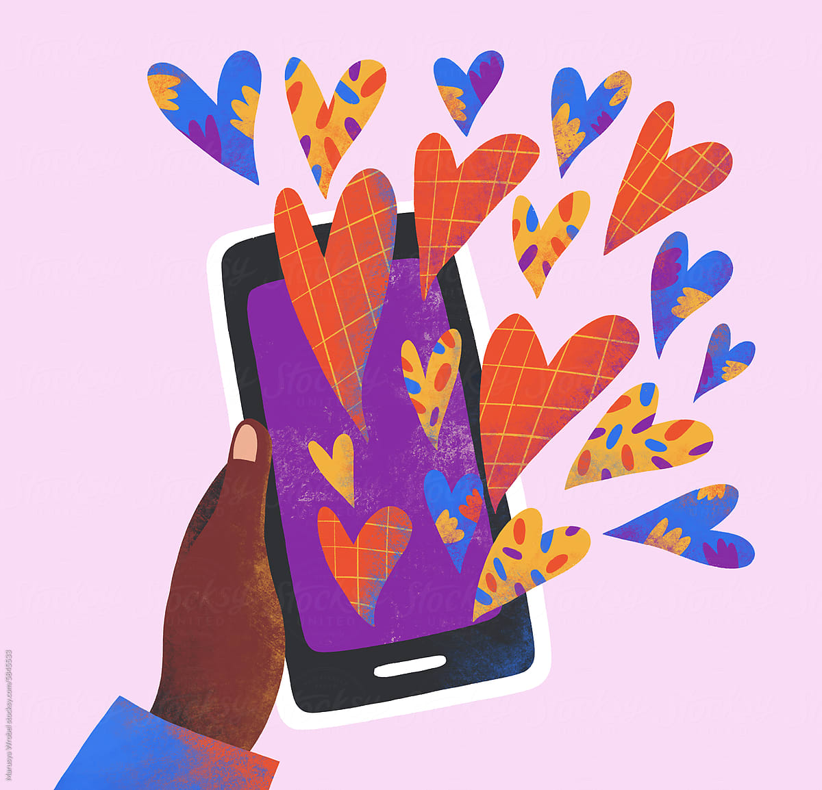 A hand holds a smartphone from which colored hearts fly out
