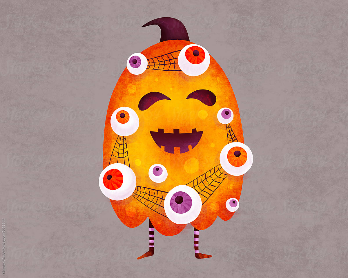 Halloween pumpkin character with colorful eyes
