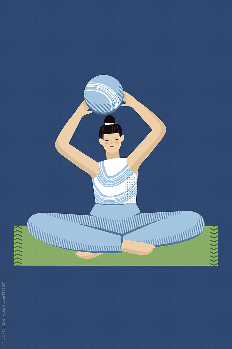 Brunette woman holding fitness ball above head while sitting on rug