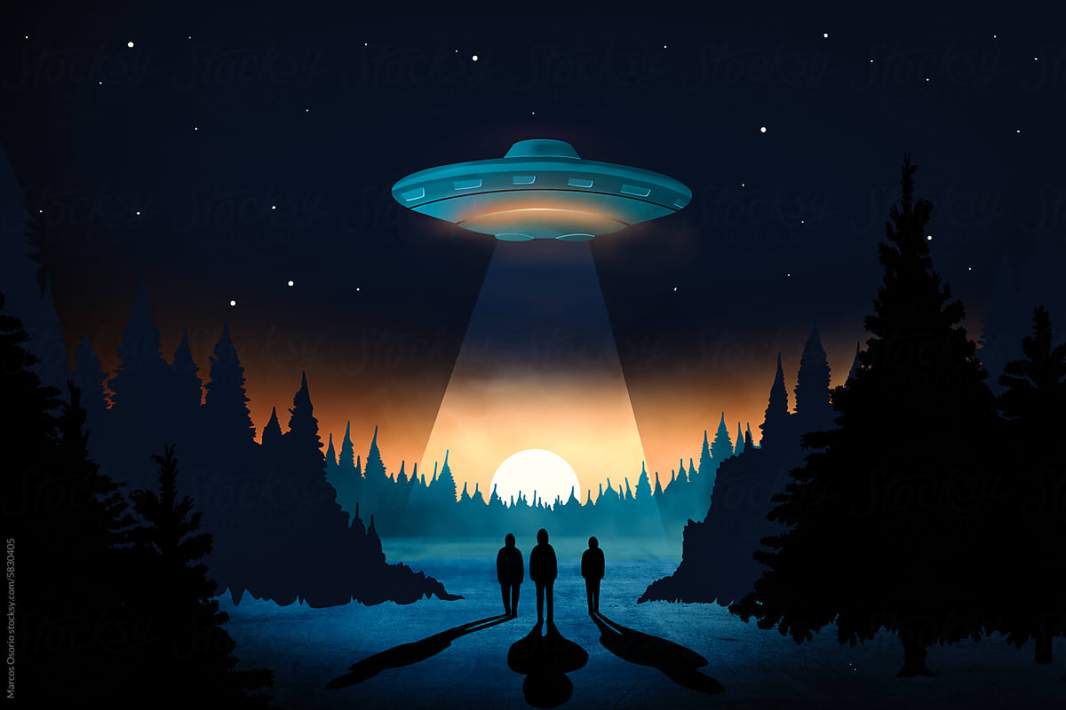 A painting of three people standing in front of an alien spaceship