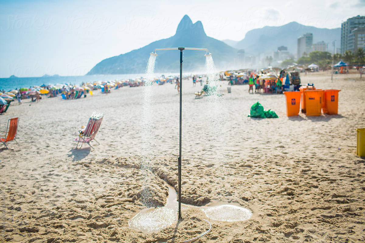 beach shower runs on the hot beaches of Ipanema in Rio