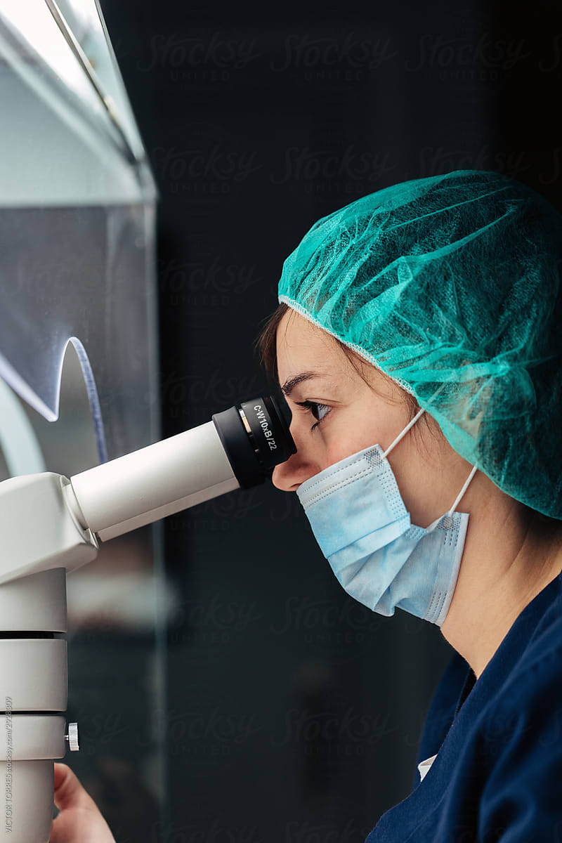 Biologist working on microscope in IVF laboratory