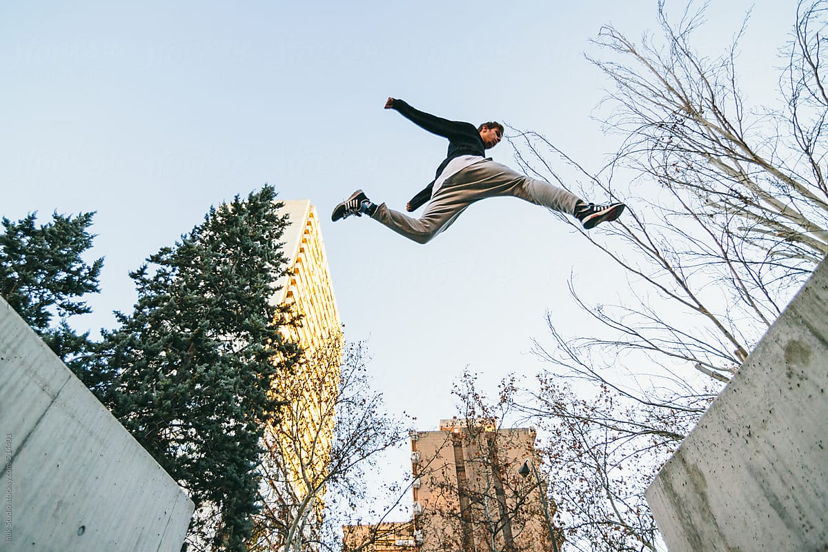 Man jumping during a parkour training
