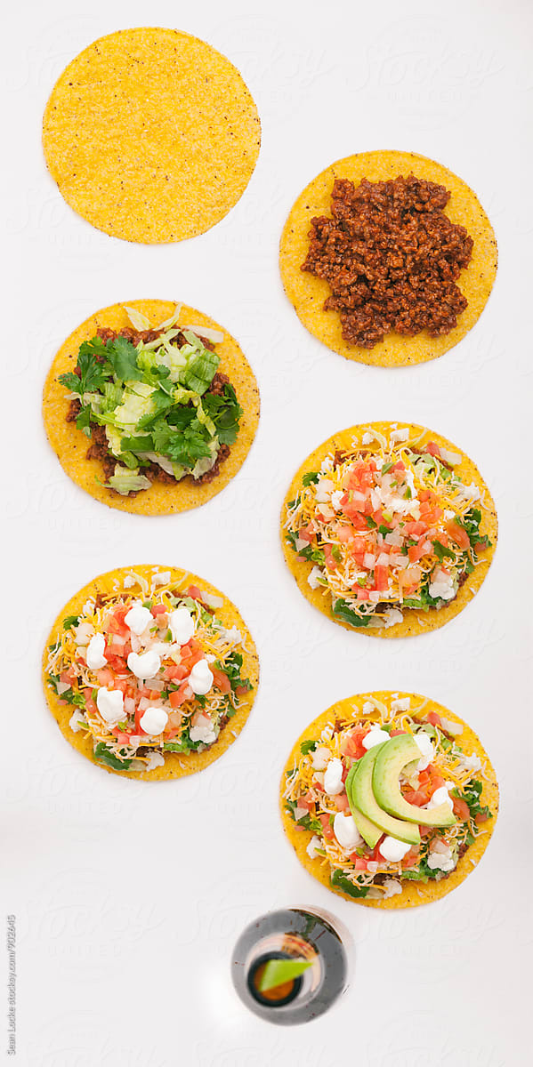 Tacos: Image Series Of Tostada Being Constructed With Beer