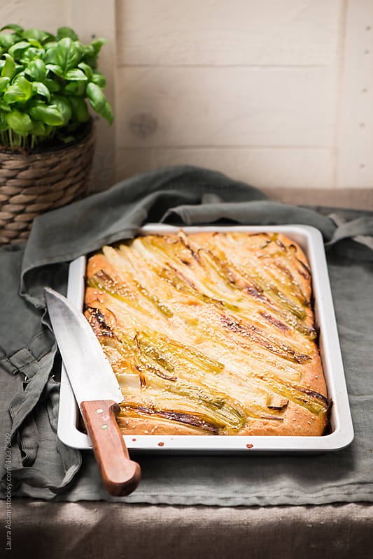 Wholemeal focaccia with green onions