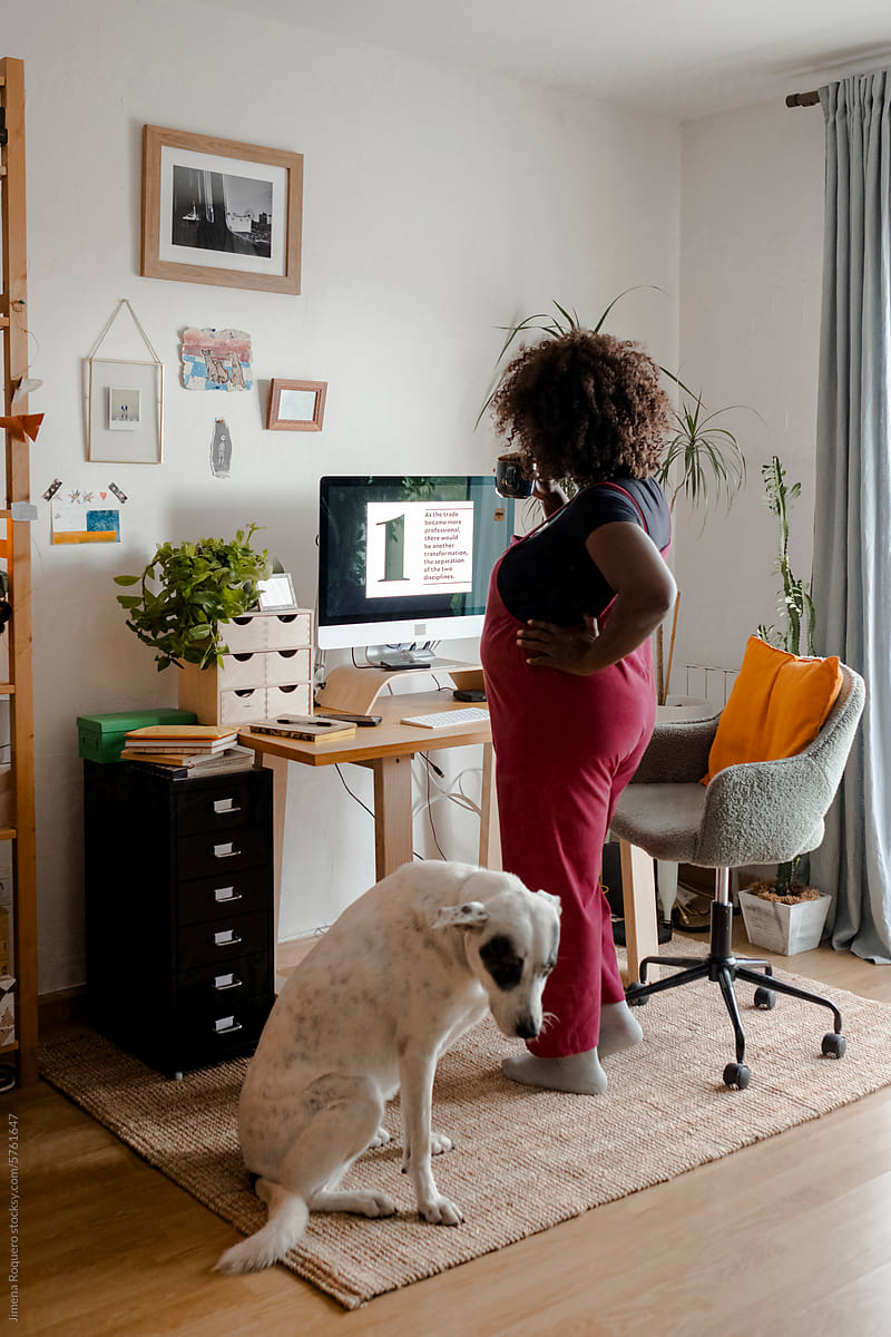 Pregnant woman in home office with dog