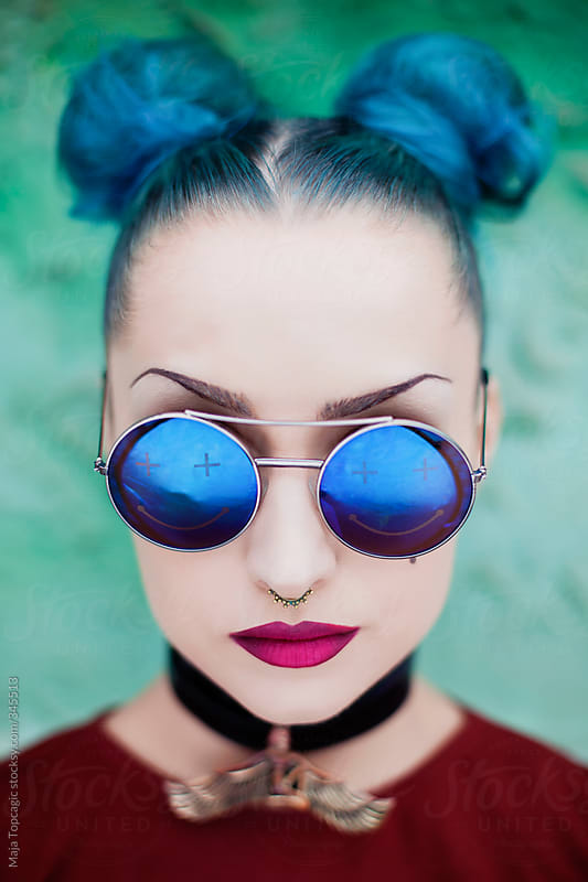 Young Beautiful Woman With Blue Hair And Glasses By Maja Topcagic