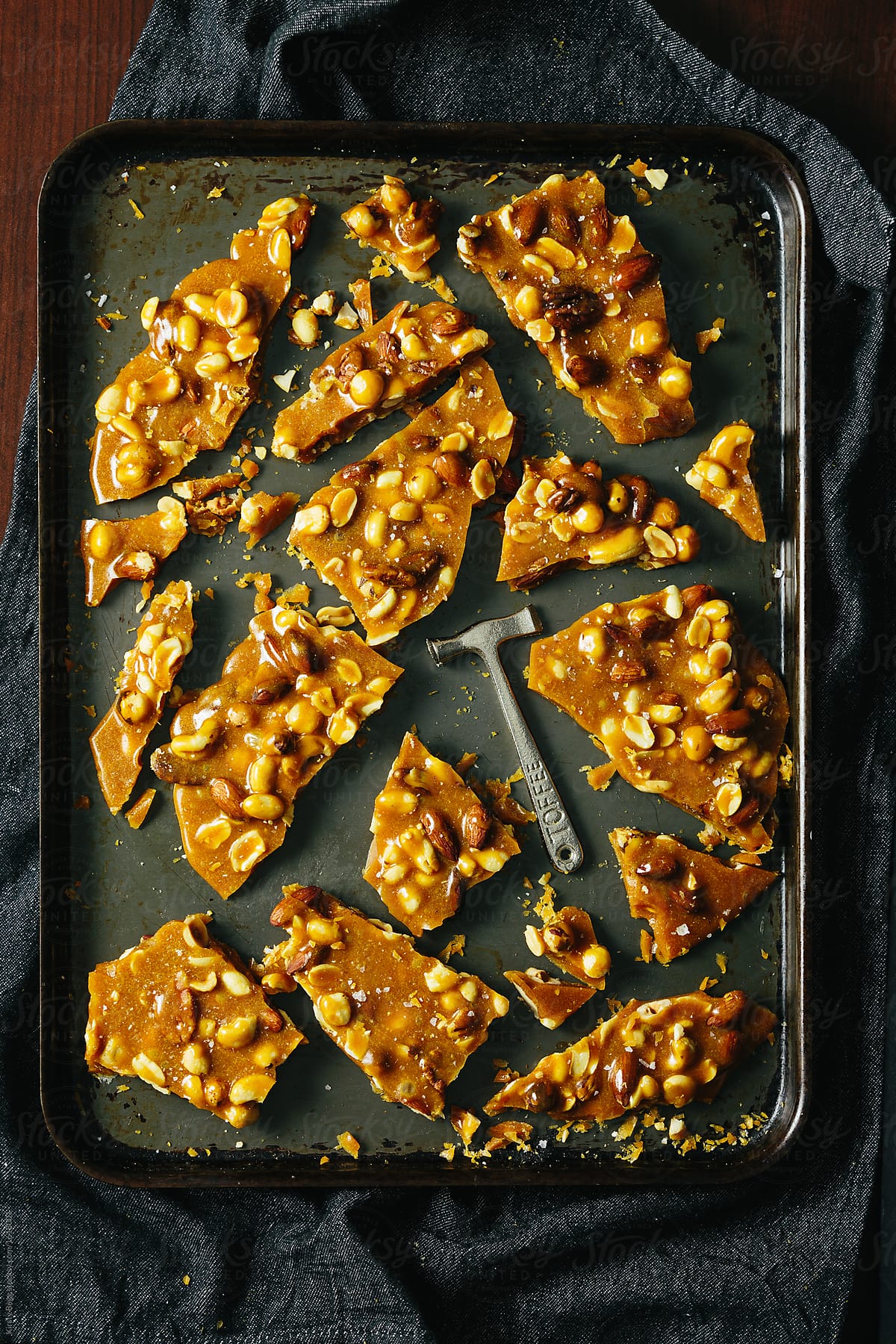 Salted caramel nut brittle with toffee hammer