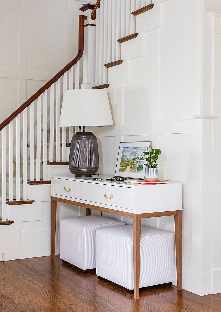 Stairway in Contemporary Home with desk lamp  in foyer