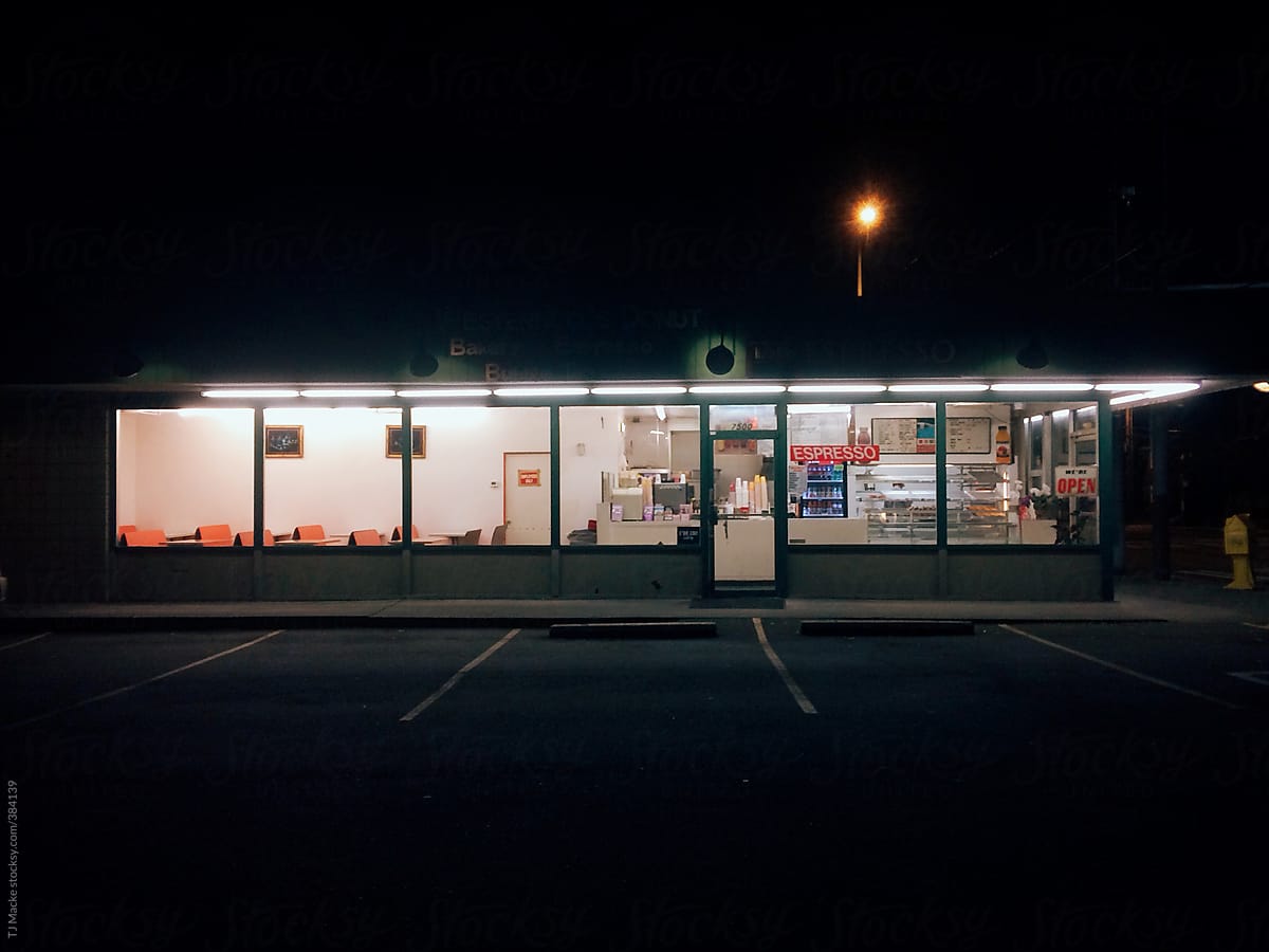 A diner glowing in the night