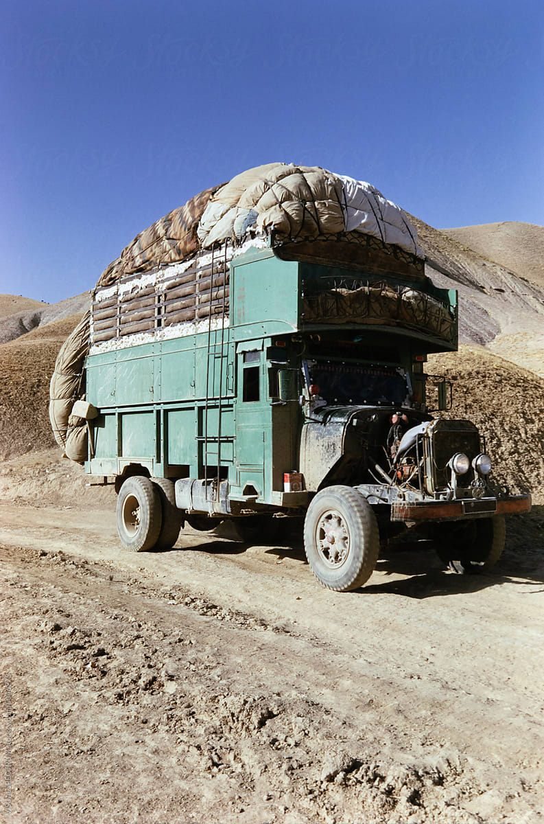 Heavily Loaded Truck In 1970s Afghanistan Mountains