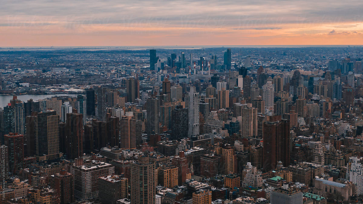 Manhattan aerial view at the sunset