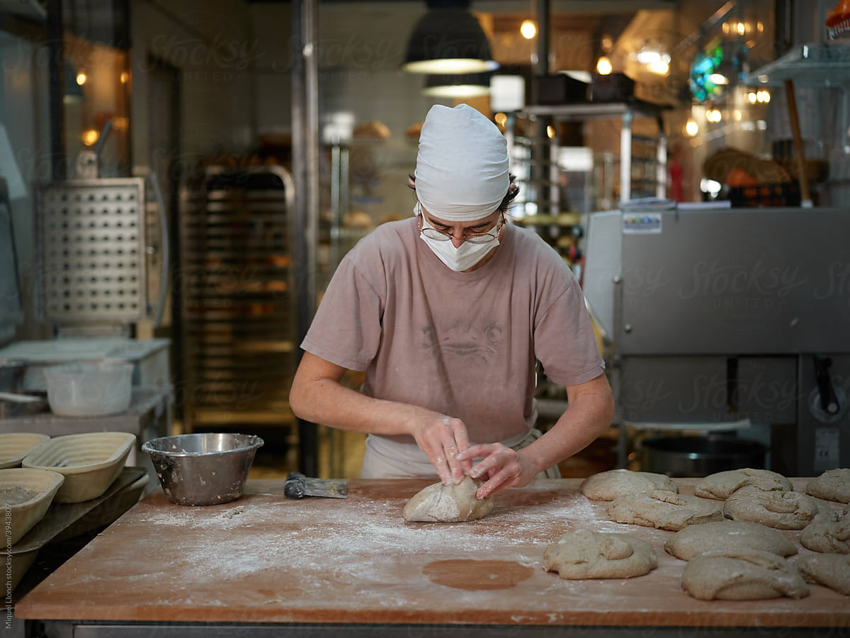 At work in the bakery shop with dough