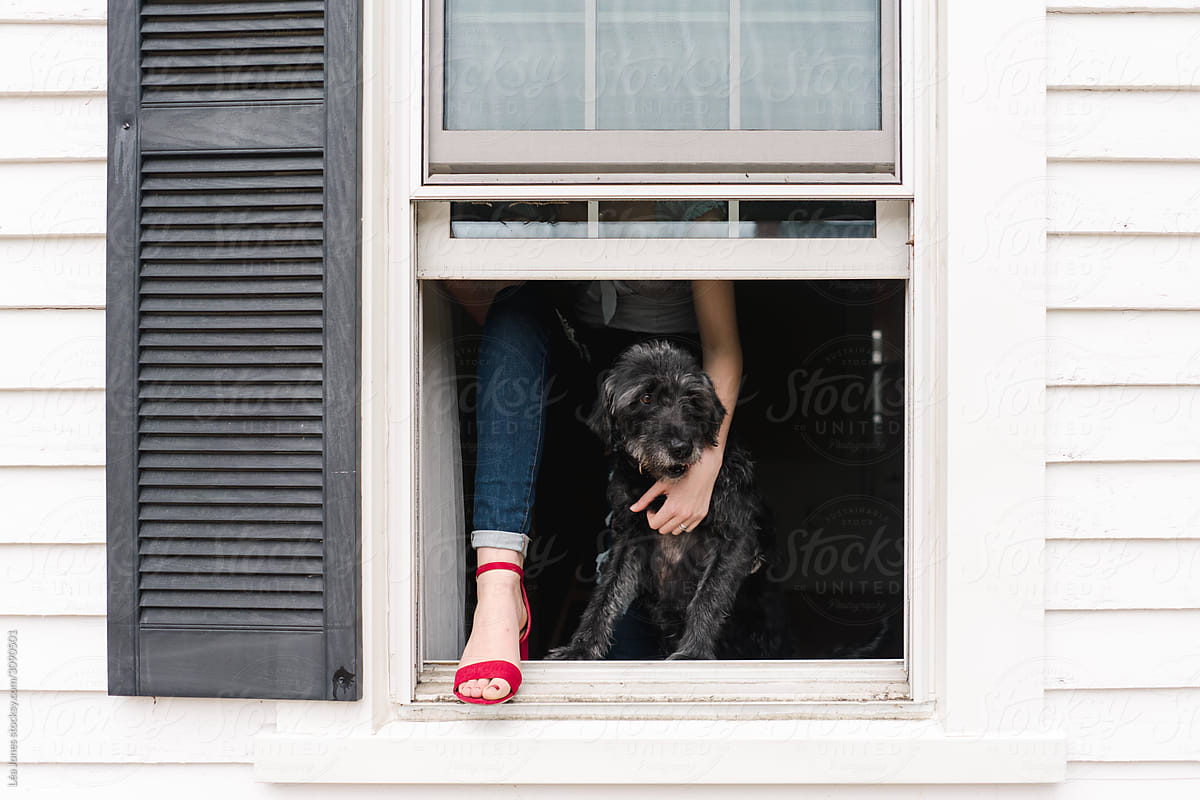 young woman  and dog looking out through the window, wanting to escape