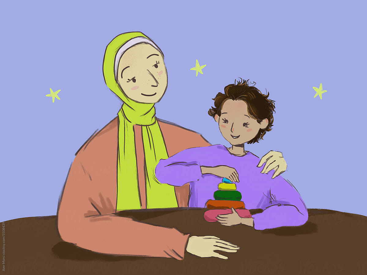 A babysitter in a hijab helps a child build a colorful tower of blocks