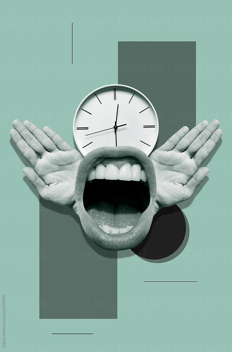 Collage in surrealism style with mouth, hands and clock