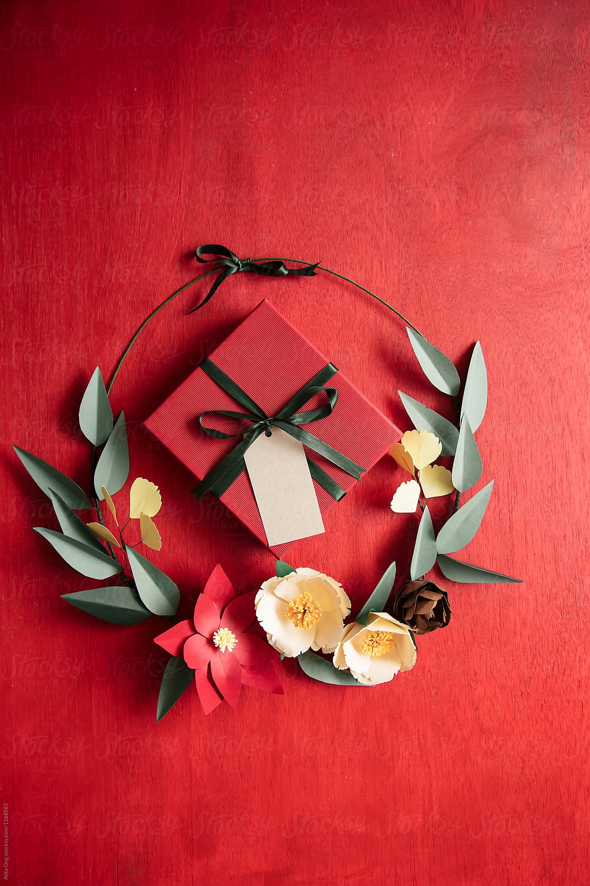Paper flowers wreath and gift