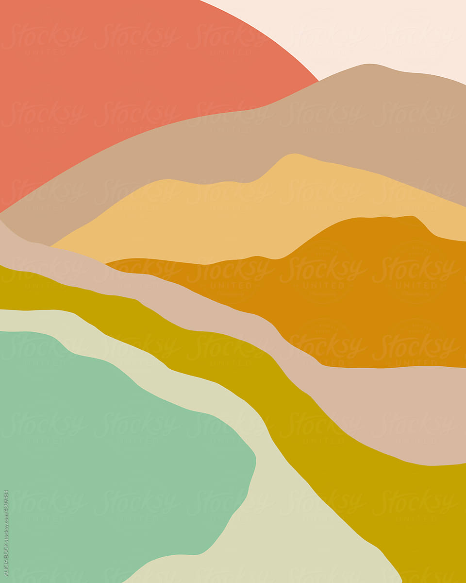 Warm Colored Abstract Coastal Landscape Drawing