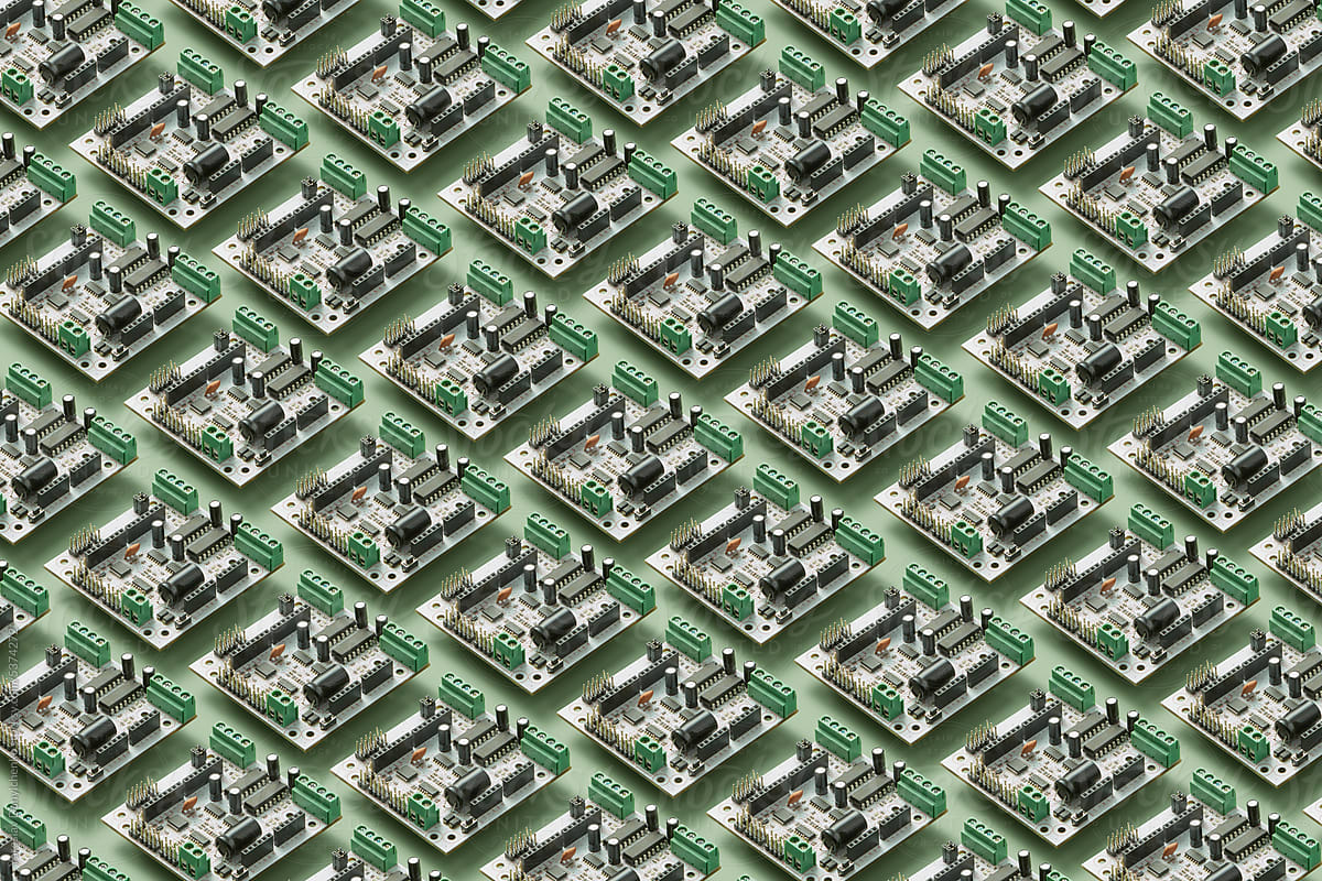 Circuit board repeated pattern on green background.