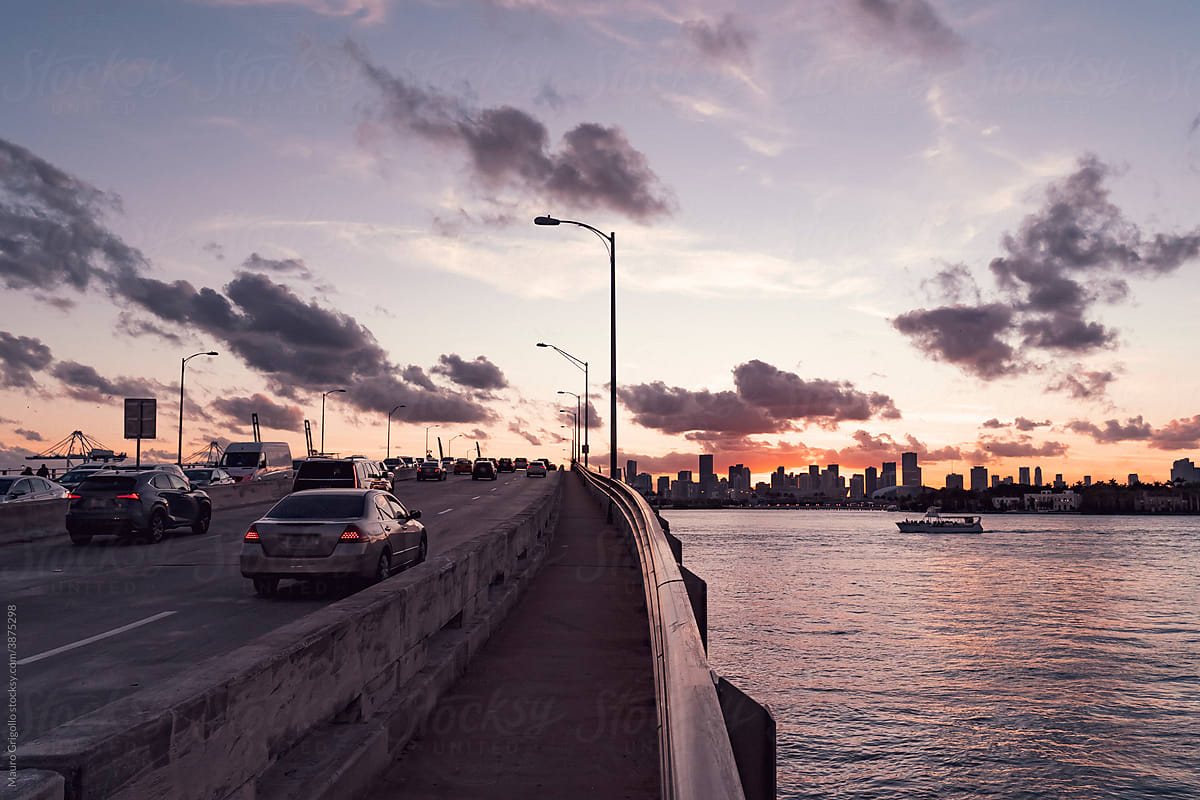 Traffic on a bridge in Miami at sunset