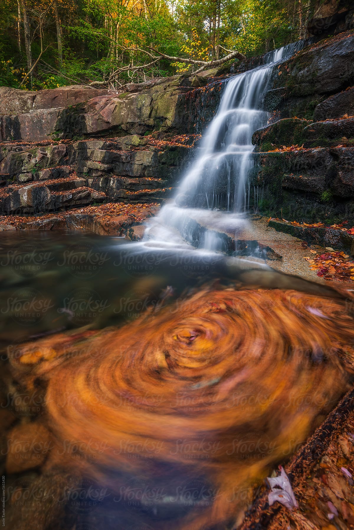 Swirling Leaves At A Waterfall In Autumn