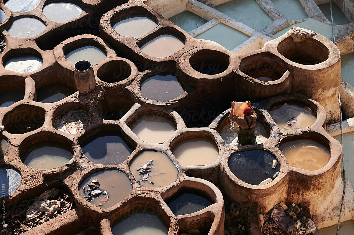 Chouara tannery man working Morocco