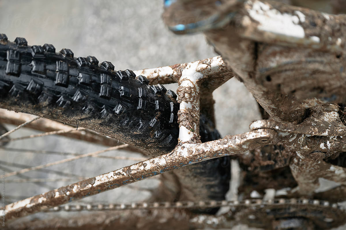 Mountain bike tyre covered with dirt
