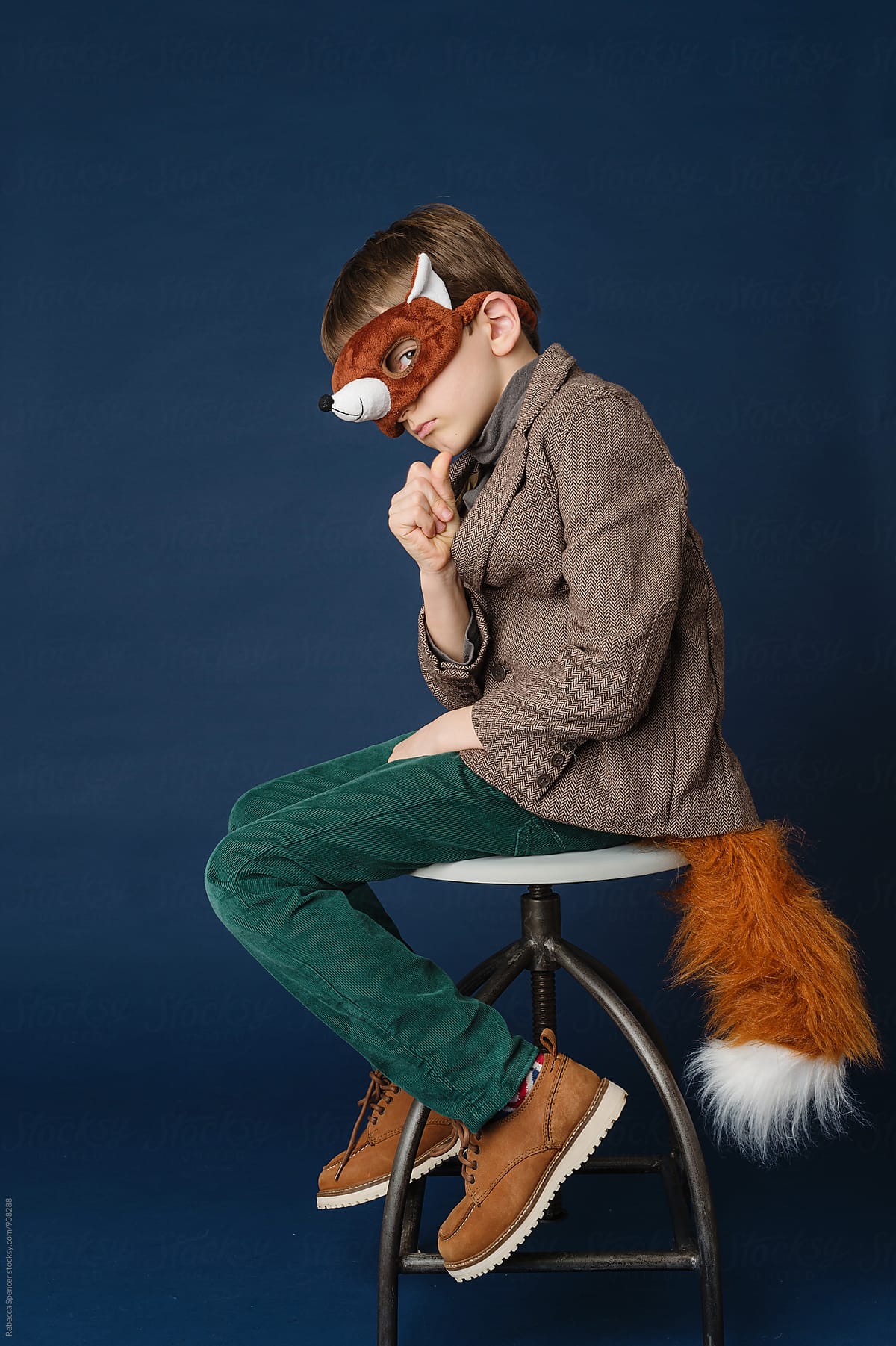 Suave young boy dressed as Mr Fox