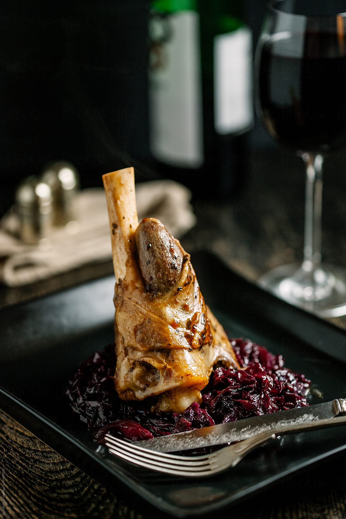 Lamb shank and red cabbage.