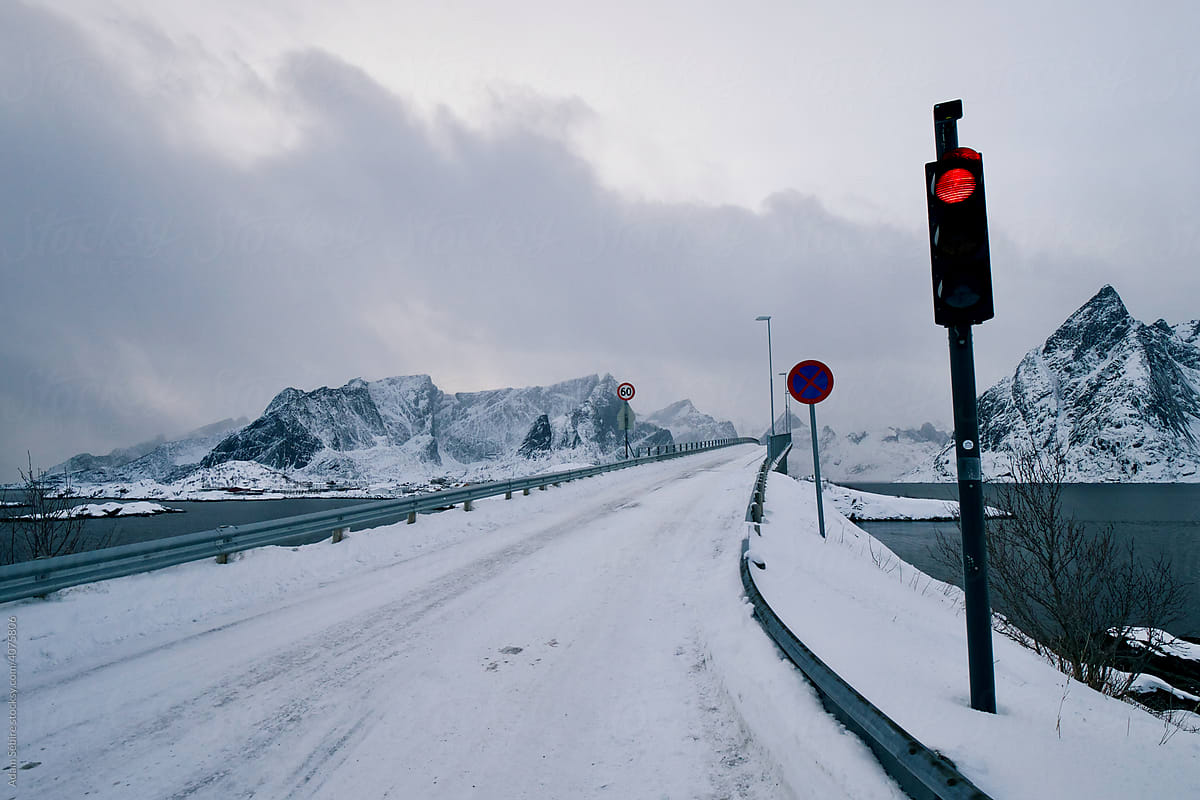Lofoten Islands villages, road bridges, Norway snowy winter