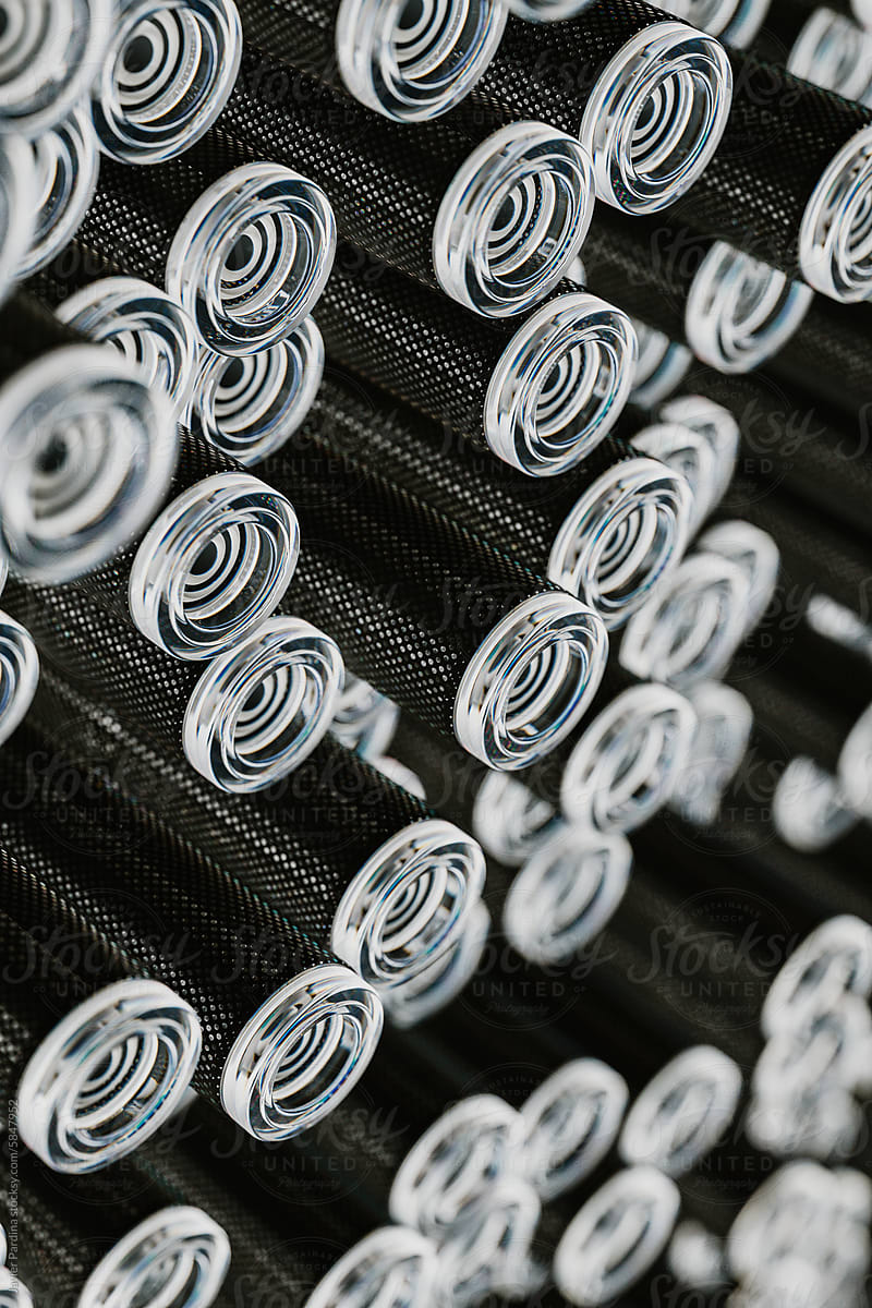 Close-up of Optical fiber cable with black metal