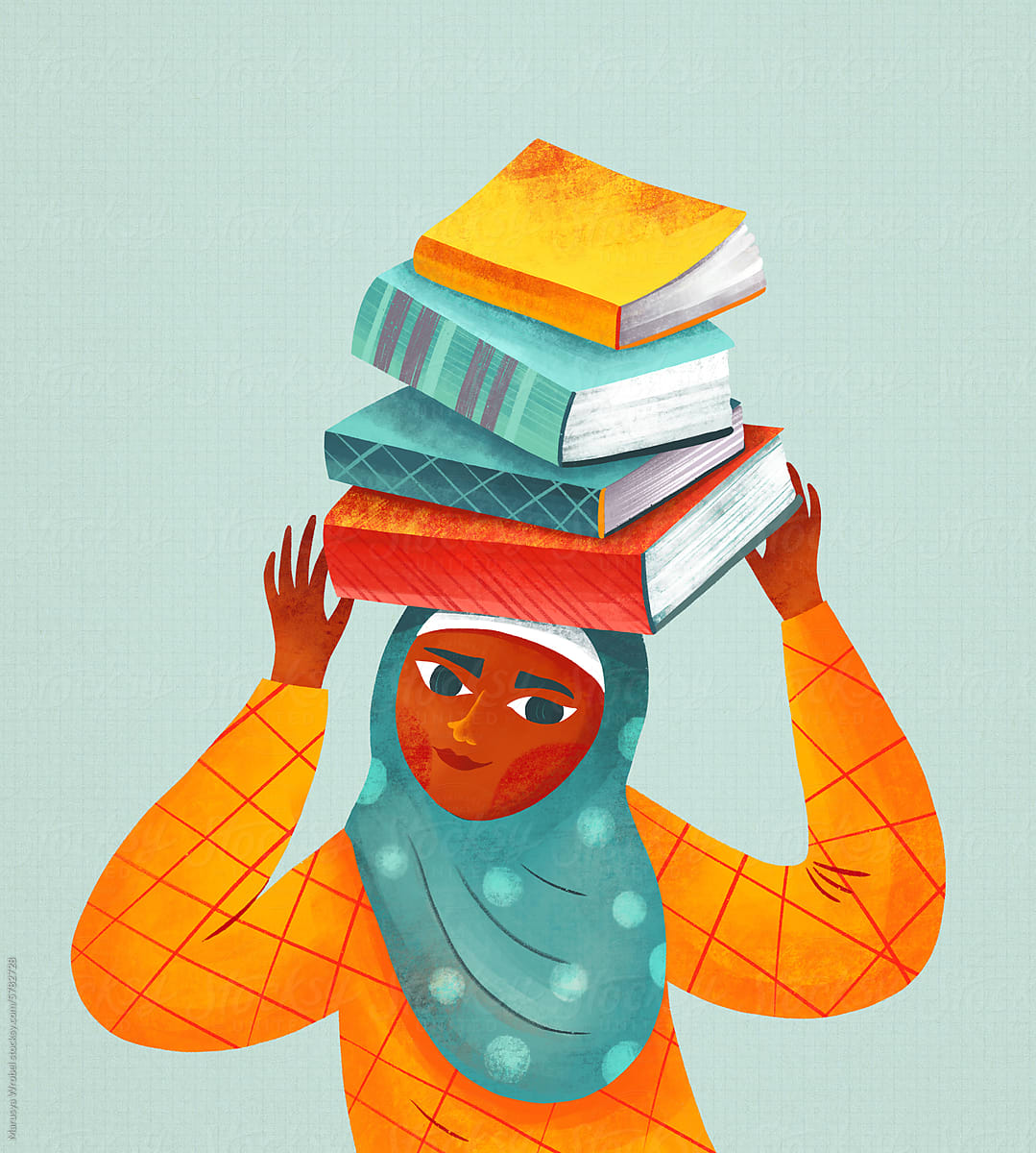 Muslim girl with books on her head