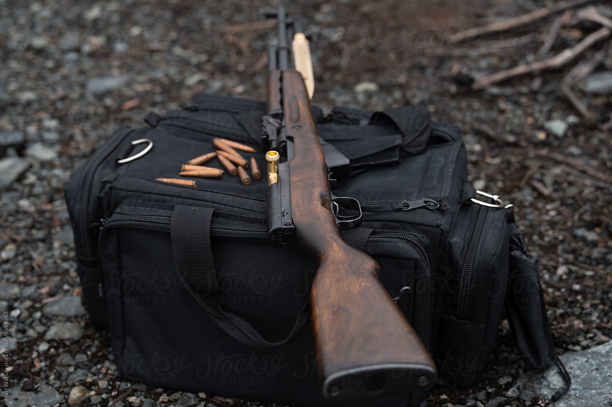 SKS Rifle on shooter\'s bag – wide depth of field