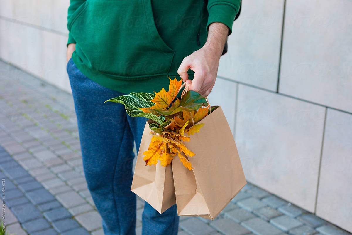 man\'s hand holding shopping bags